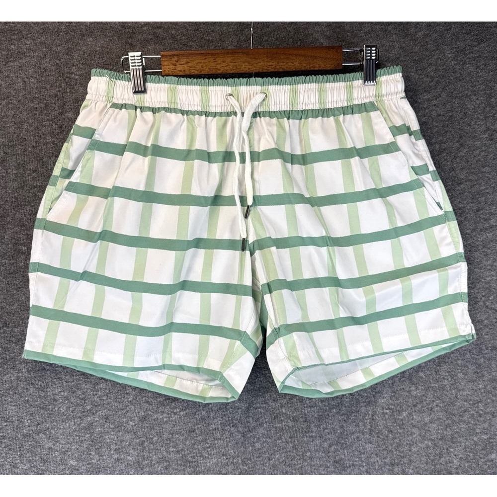 Julia Amory North End Swim Trunks Mens M Green White Designer Preppy Grid Check